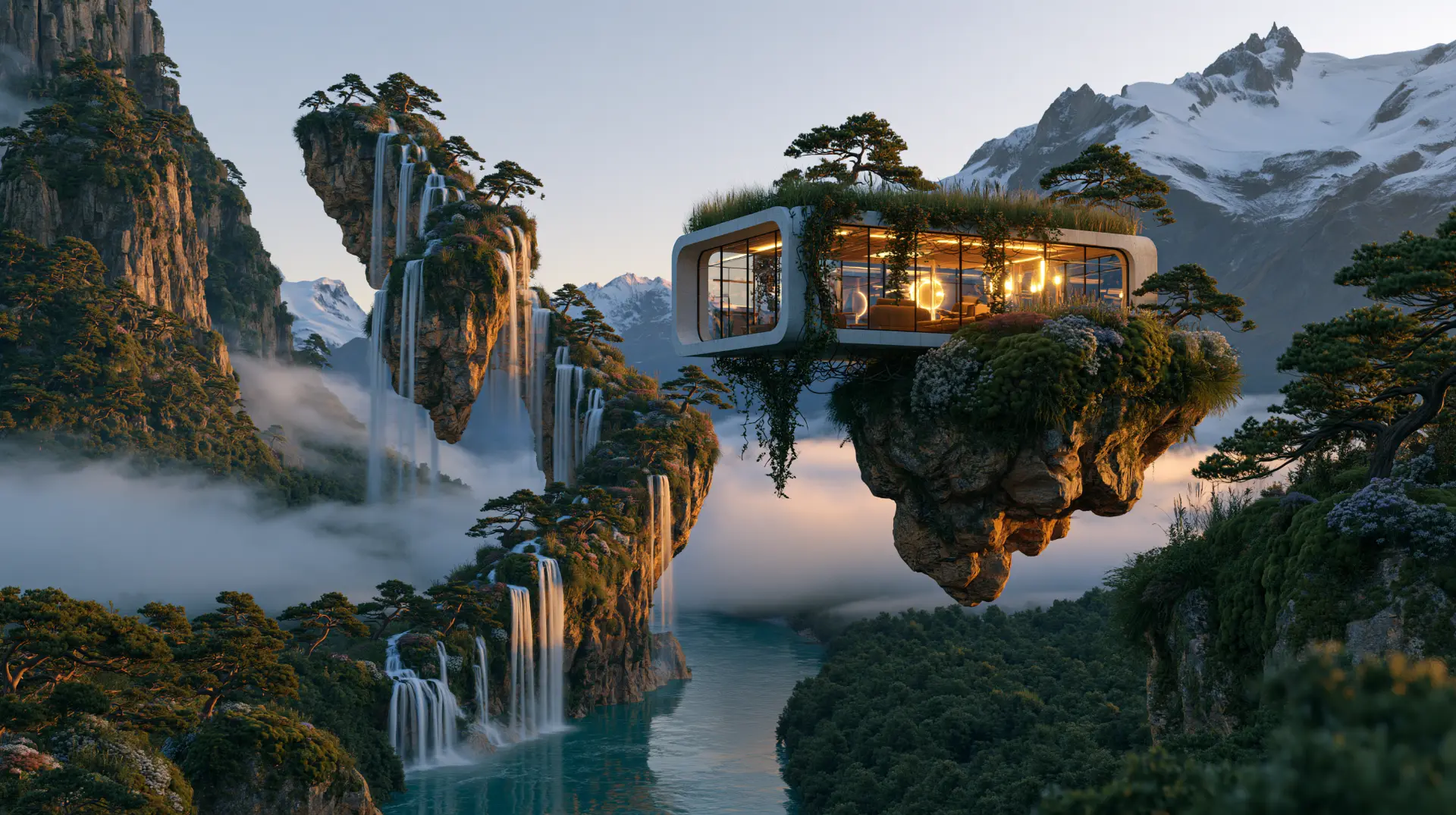 A glass pavilion cantilevered from a floating island above waterfalls at sunrise.